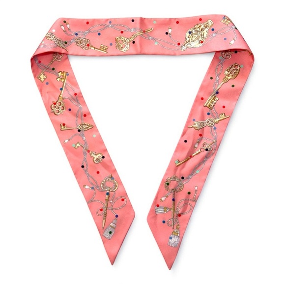 New Hermes Twilly Scarf Les Cles a Pois Rose Beige Multicolor 100% Silk - Picture 2 of 16